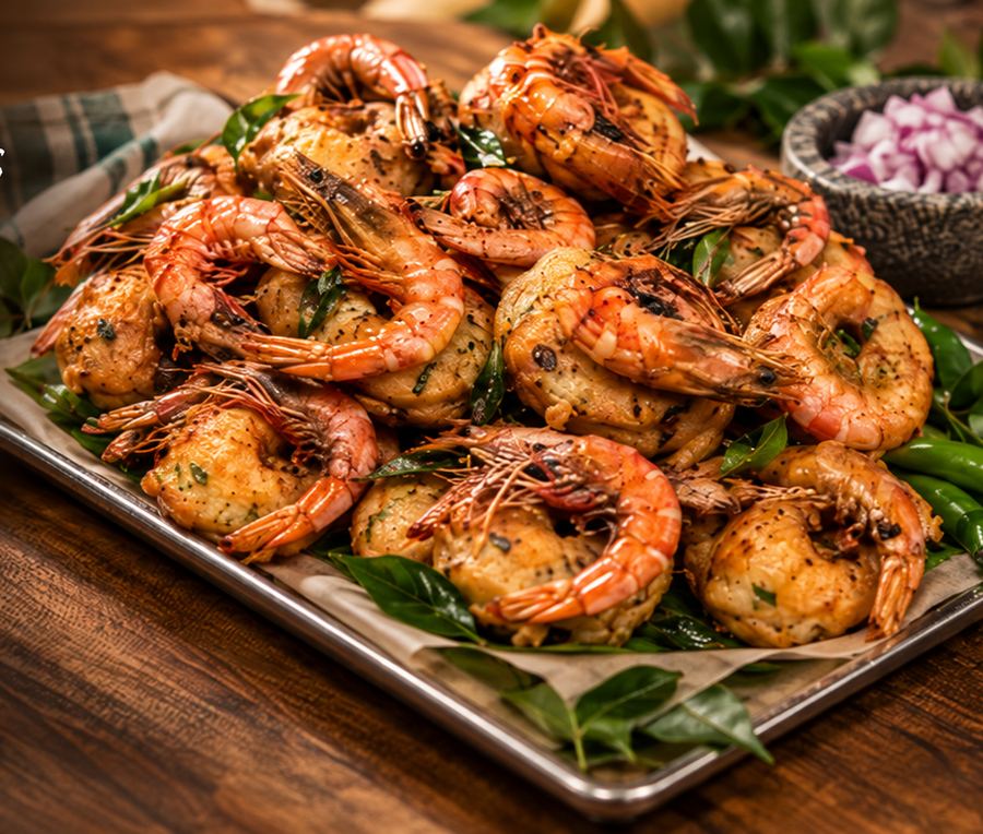 A tray of prawn vadai on curry leaves